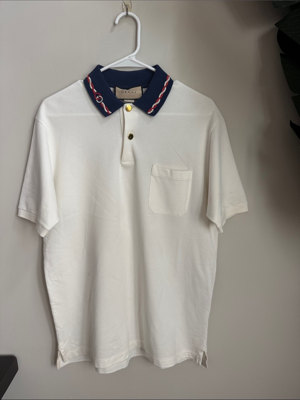 Gucci White Polo with Navy Contrast Collar and Red Trim